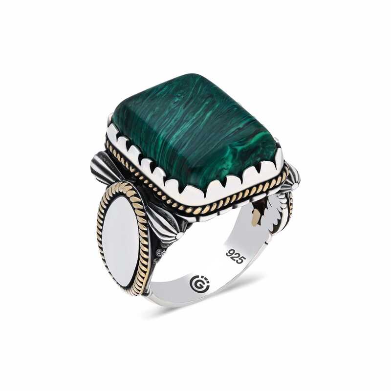 Silver Square Green Agate Stone Men’s Ring