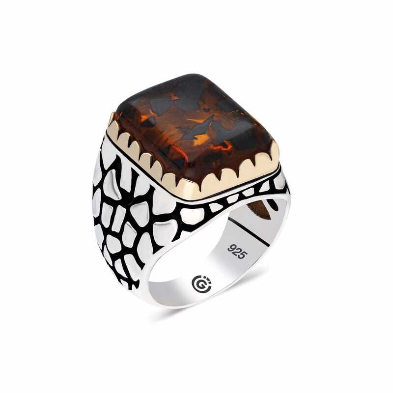 Silver Zircon Brown Stone Square Men’s Ring