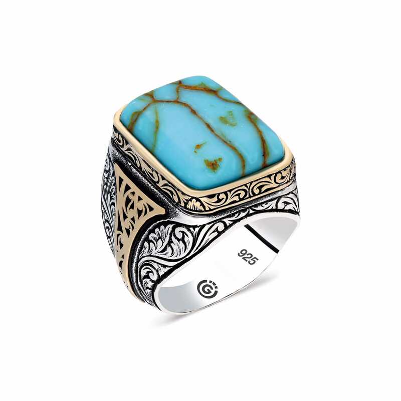 Silver Turquoise Line Transitional Stone Square Men’s Ring