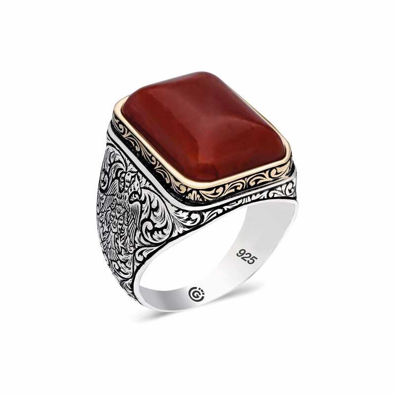 Silver Patterned Red Zircon Stone Square Men’s