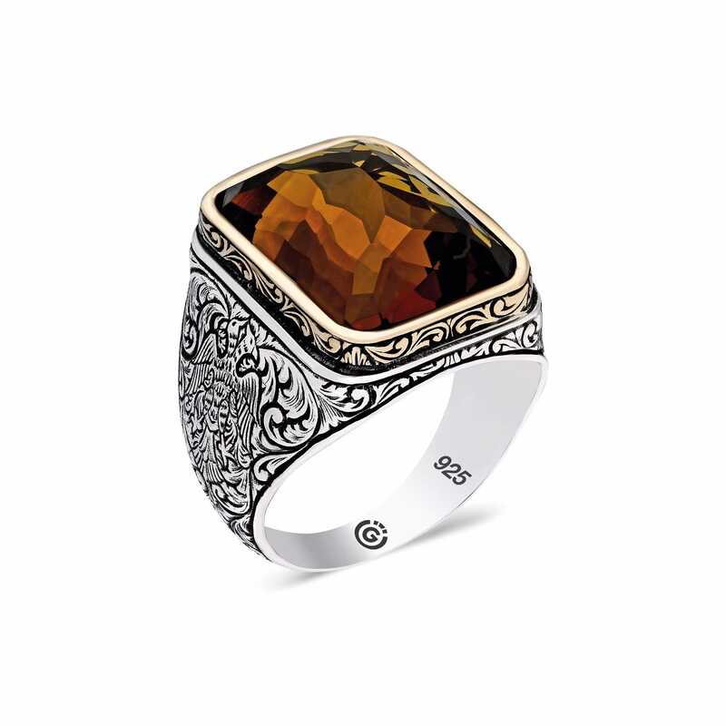 Silver Zircon Brown Stone Square Men’s Ring