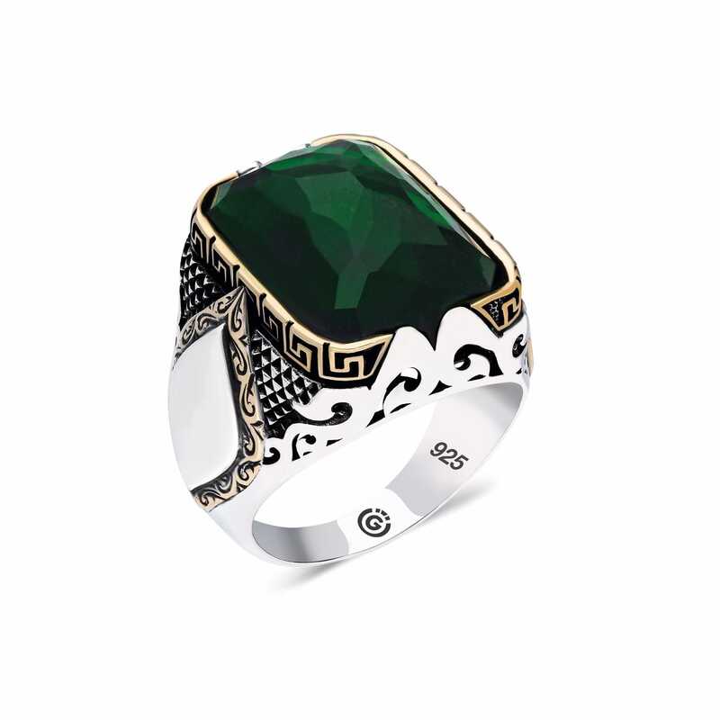 Silver Zircon Green Stone Square Men’s Ring