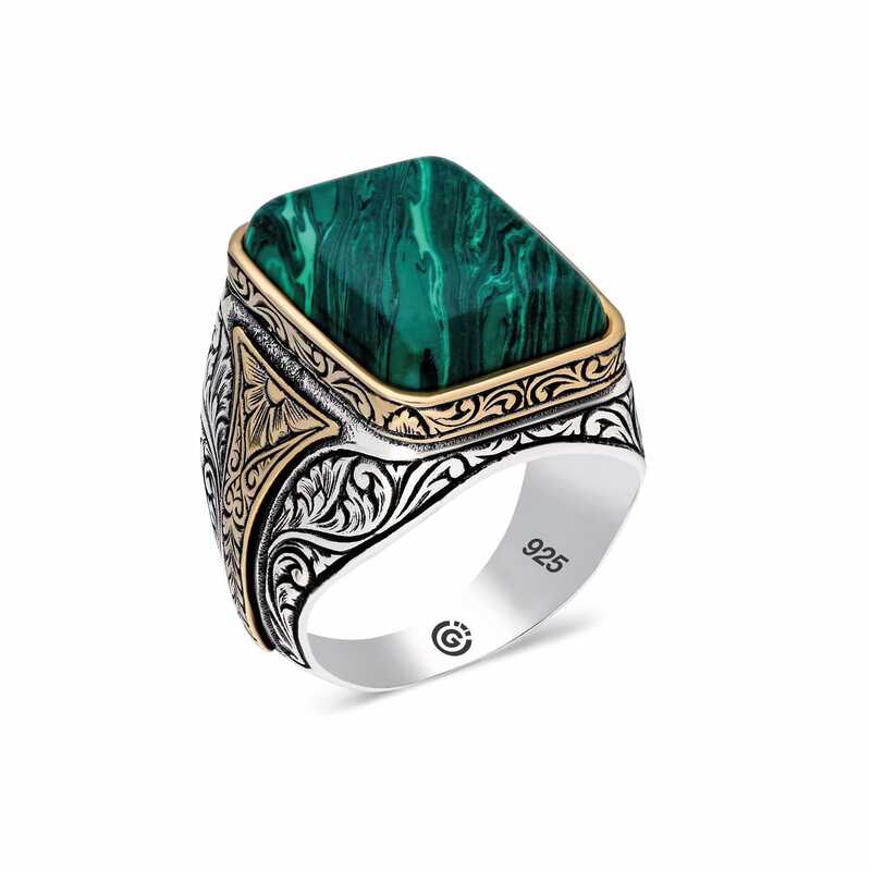 Silver Patterned Malachite Stone Square Men’s Ring