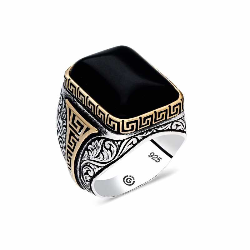 Silver Onyx Black Stone Square Men’s Ring