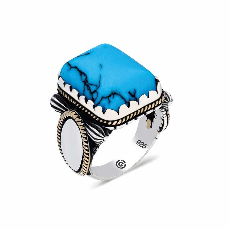 Silver Zircon Plain Turquoise Stone Square Men’s Ring