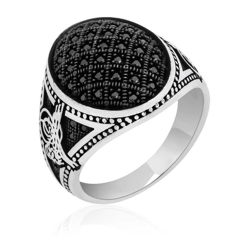 Silver Tughra Black Zircon Stone Men’s Ring