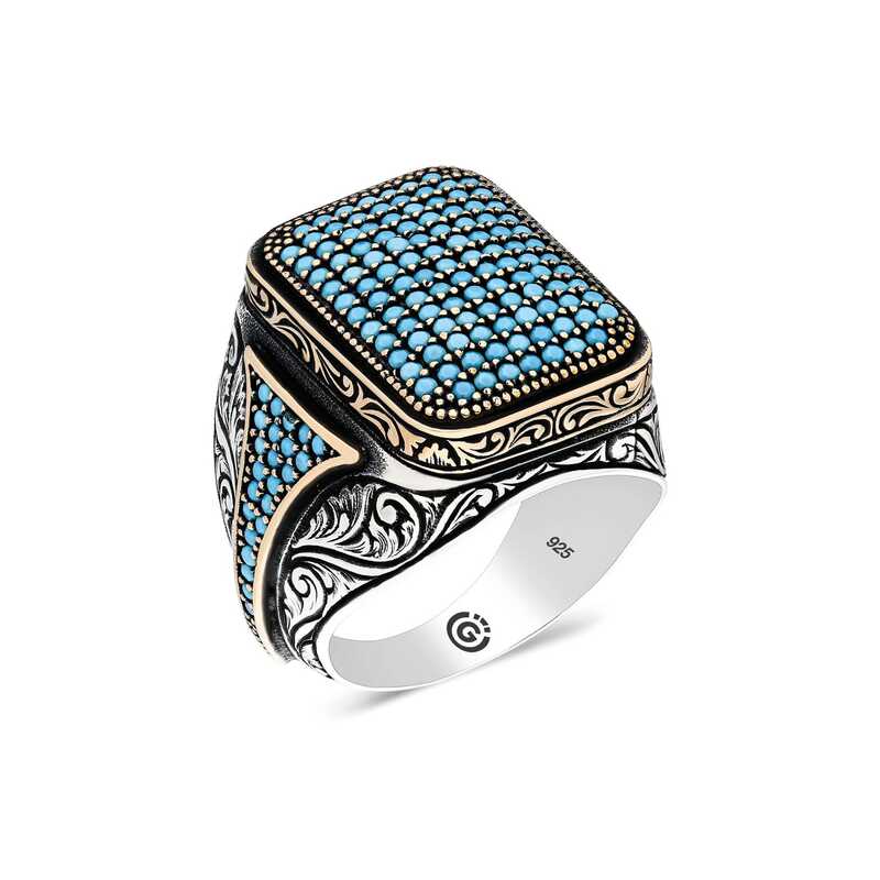 Silver Turquoise Zircon Stone Square Men’s Ring