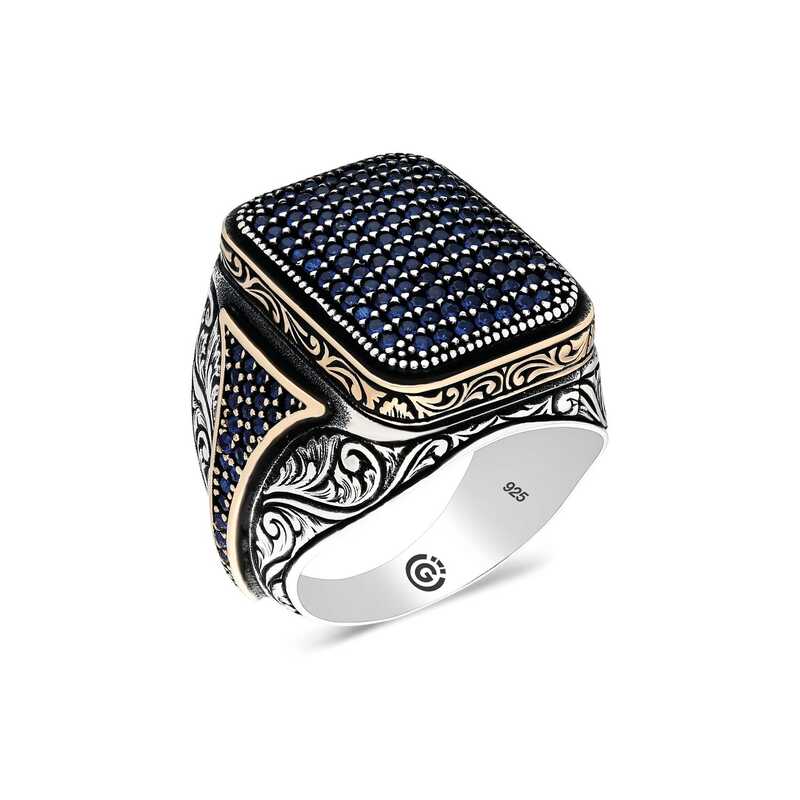 Silver Navy Blue Zircon Stone Square Men’s Ring