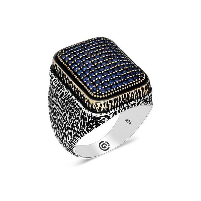 Silver Navy Blue Zircon Stone Square Men’s Ring