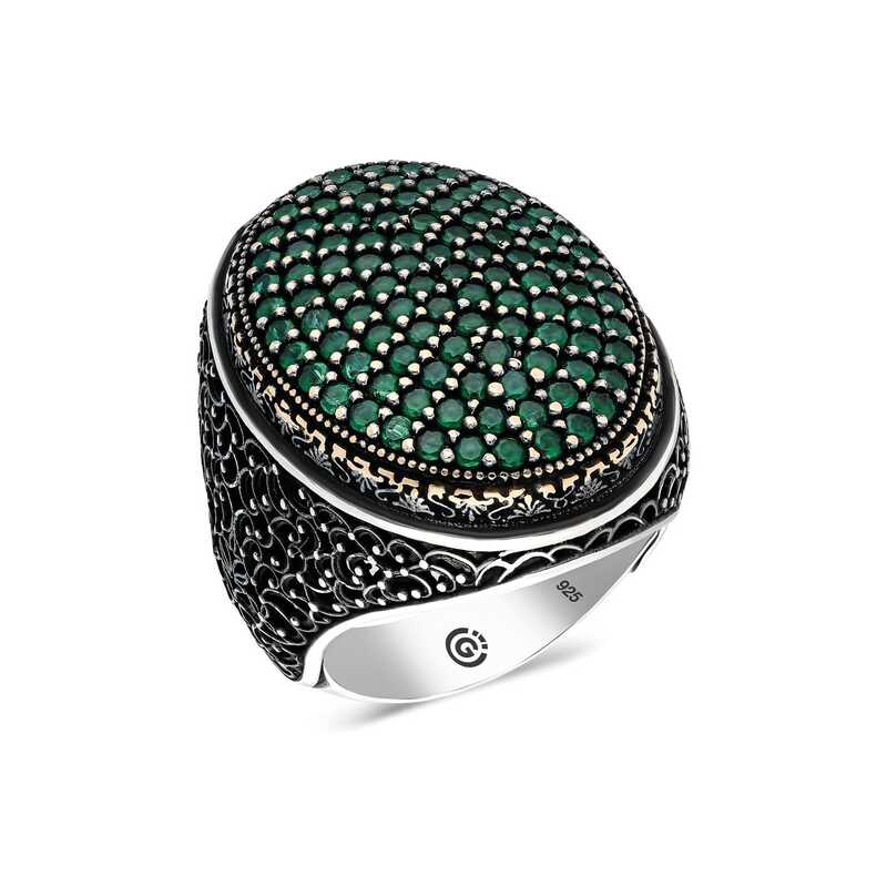 Silver Green Zircon Stone Oval Men’s Ring