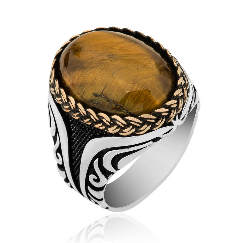 Silver Tiger’s Eye Stone Oval Men’s Ring