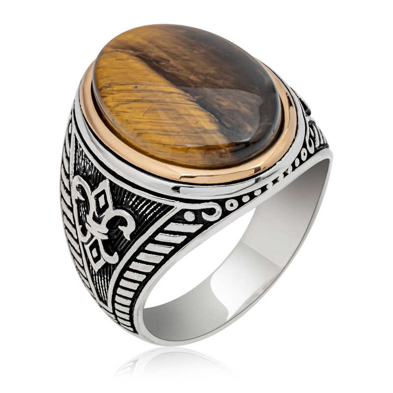 Silver Tiger’s Eye Stone Oval Men’s Ring