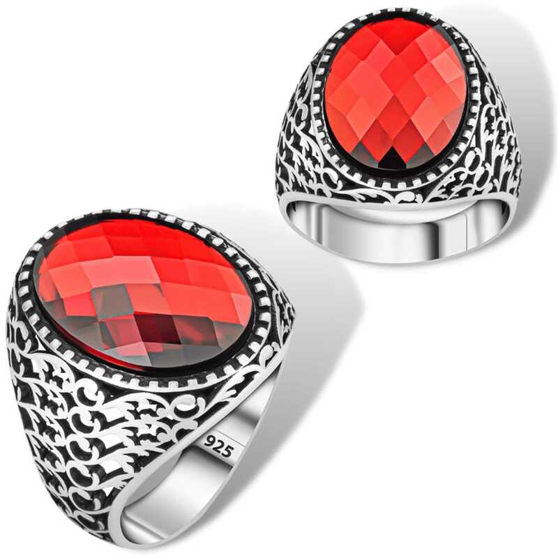 Silver Red Zircon Stone Oval Men’s Ring