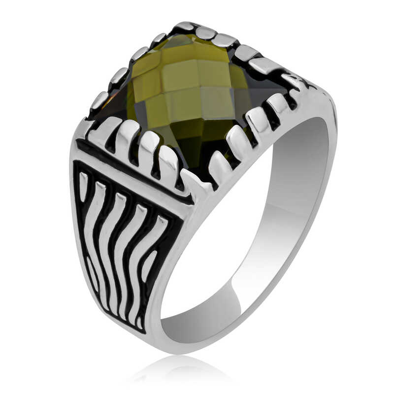 Silver Olive Green Zircon Stone Children’s Men’s Ring