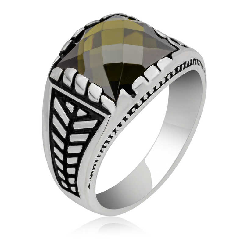 Silver Olive Green Zircon Stone Children’s Men’s Ring