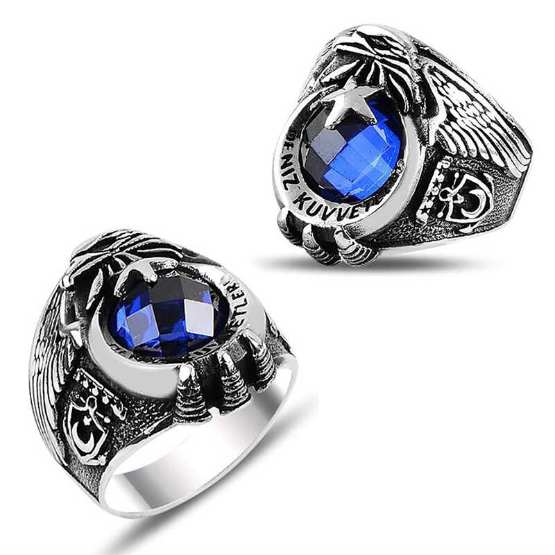 Silver Star and Crescent Navy Blue Stone Men’s Ring