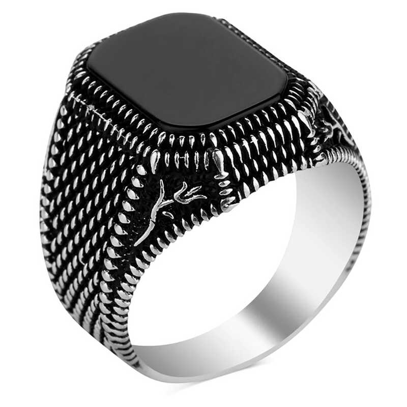 Silver Onyx Stone Patterned Men’s Ring