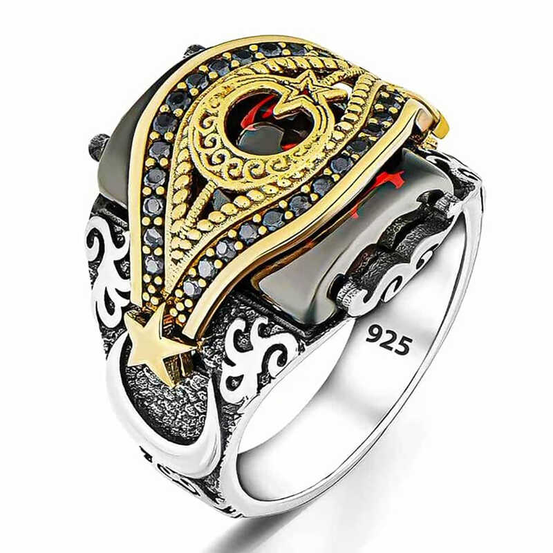 Silver Red Stone-set Star and Crescent Men's Ring