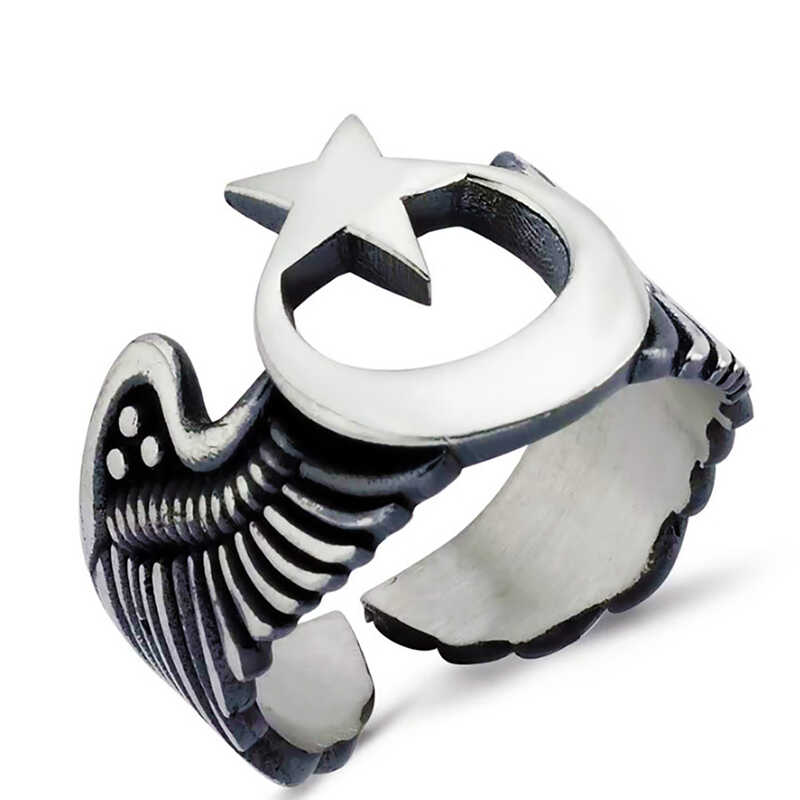Silver Adjustable Star and Crescent Kanat Men's Ring