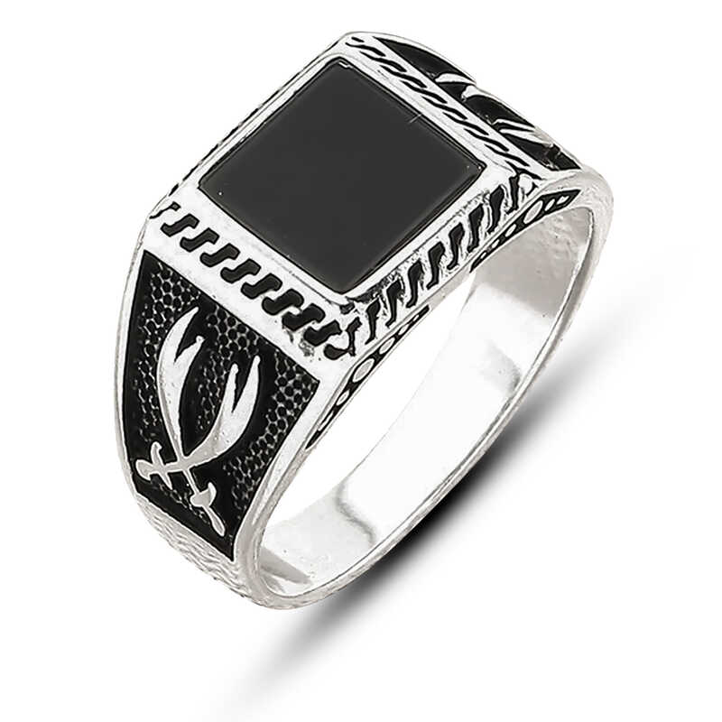 Silver Onyx Stone-set Sword Men's Ring