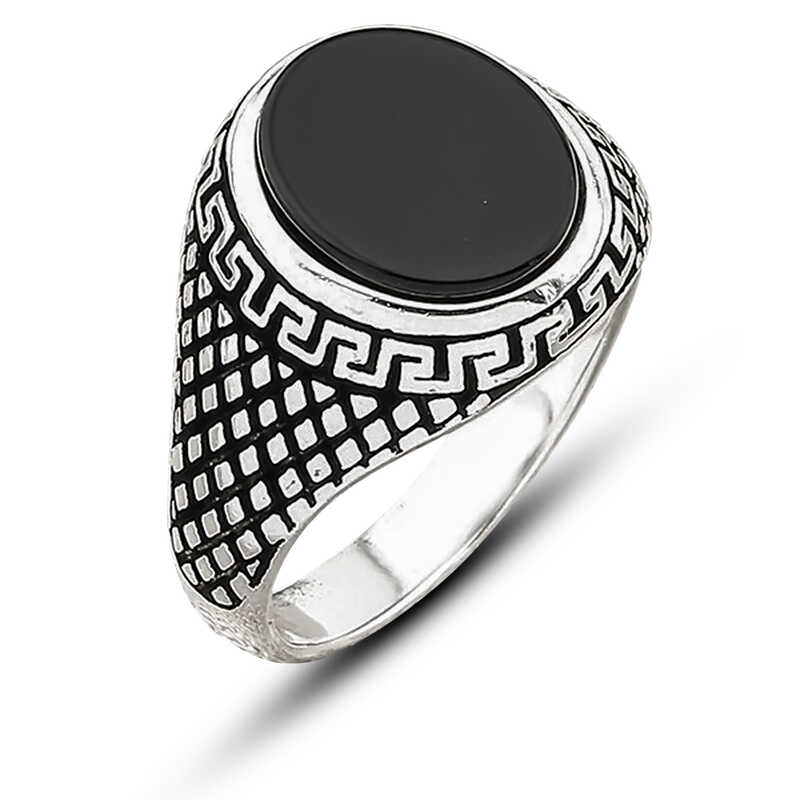 ​Silver Onyx Stone-set Patterned Men's Ring