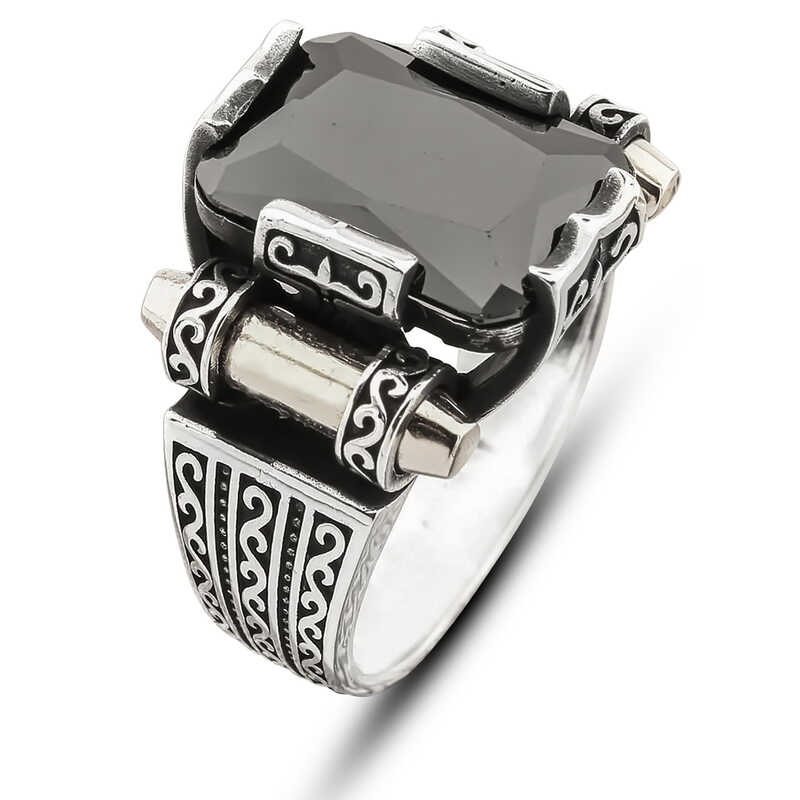 Silver Black Zircon Stone-set Square Men's Ring