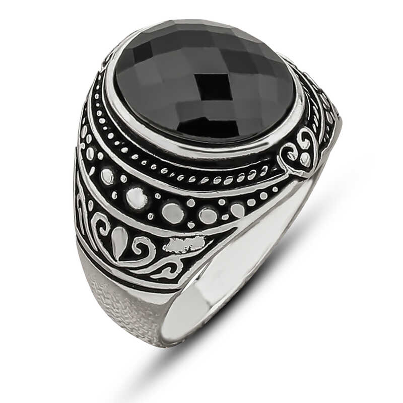 Silver Black Zircon Stone-set Oval Men's Ring