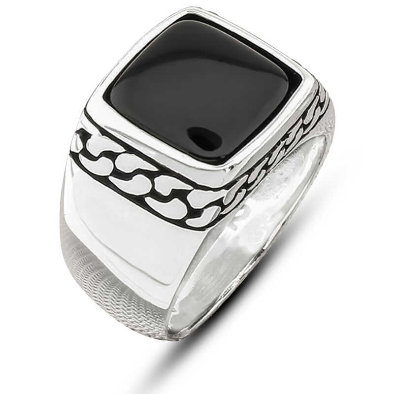 ​Silver Onyx Stone-set Patterned Men's Ring