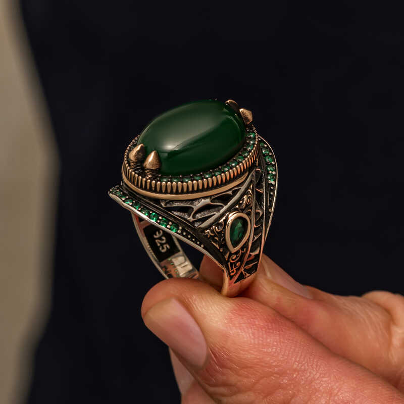 Silver Green Agate Stone Men’s Ring
