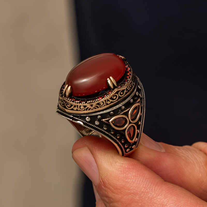 Silver Red Agate Stone Men’s Ring