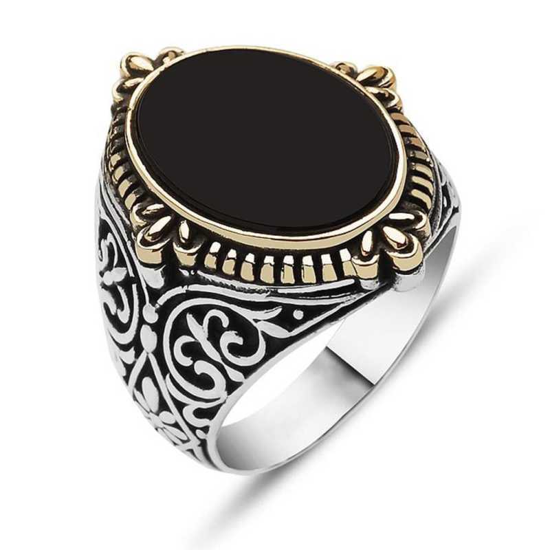 Silver Black Stone Flower Patterned Men’s Ring