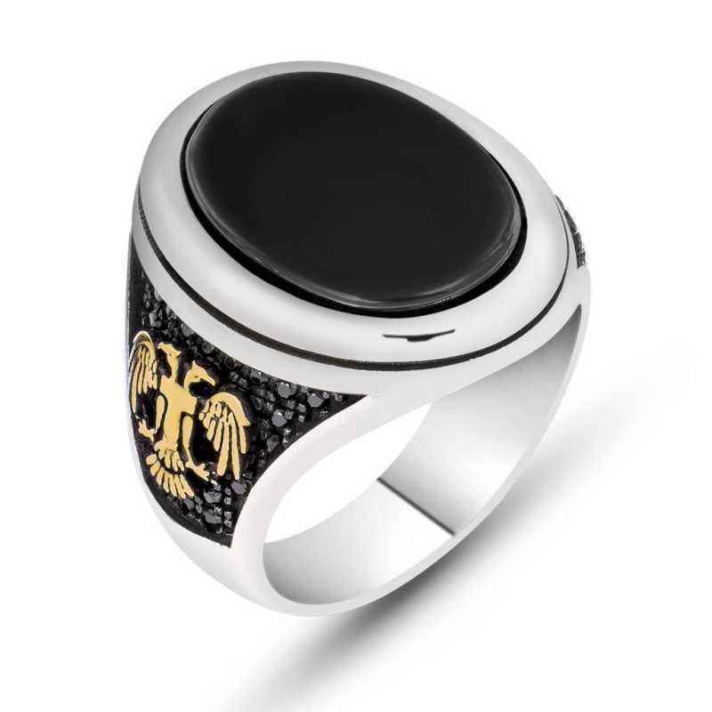 Silver Black Stone Double Headed Eagle Men’s Ring