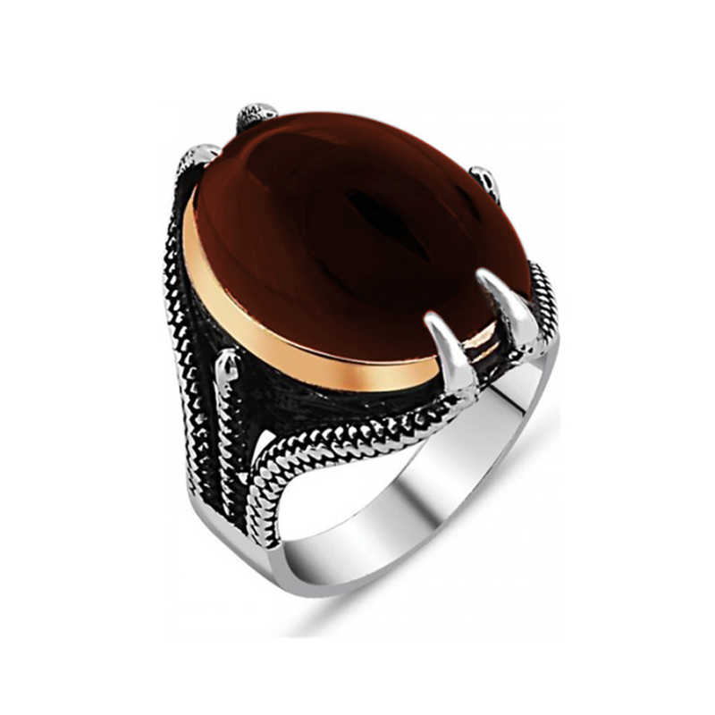 Silver Agate Stone Eagle Claw Men’s Ring