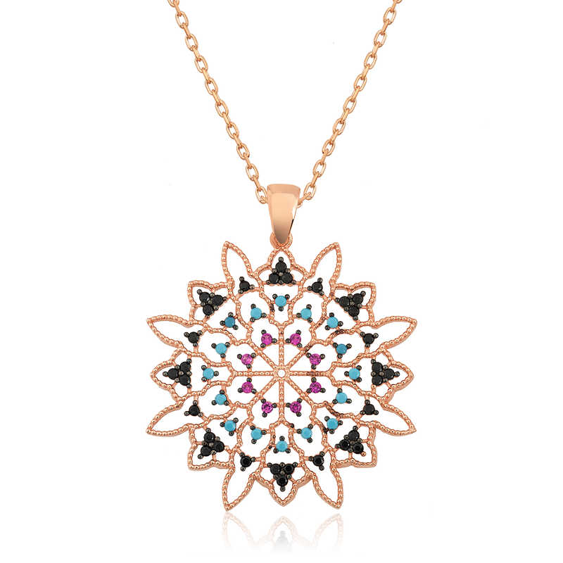 Silver Rose Geometric Patterned Medallion Necklace