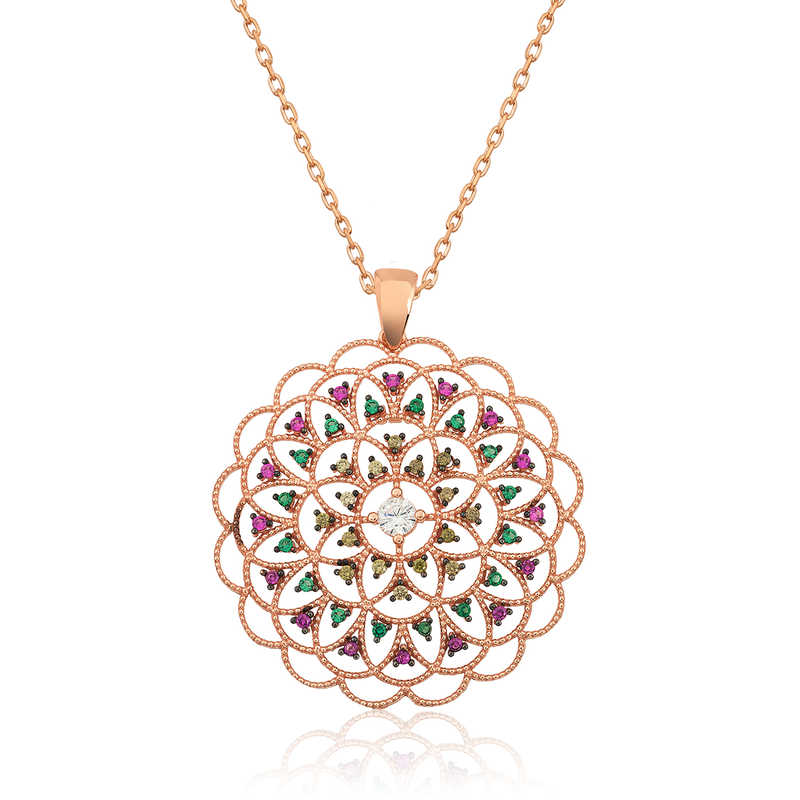 Silver Rose Geometric Patterned Medallion Necklace
