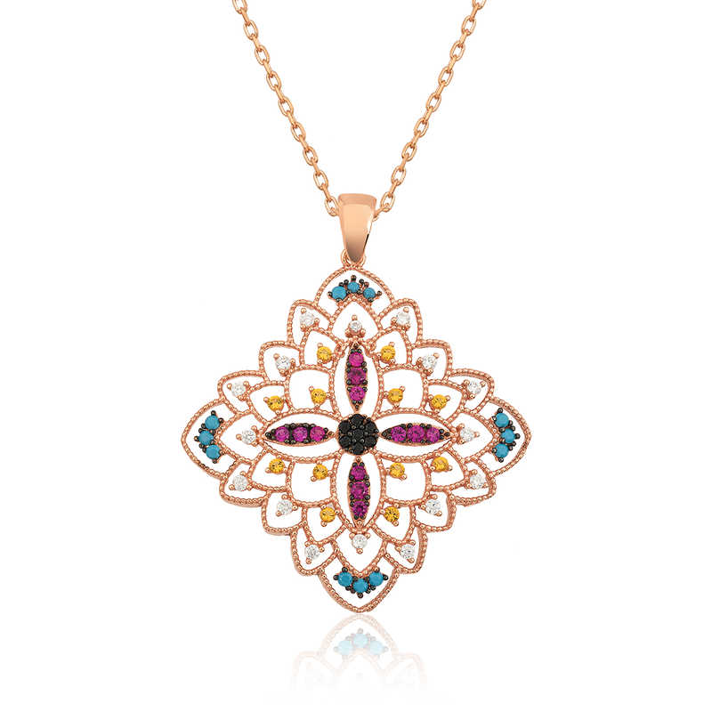 Silver Rose Ethnic Patterned Medallion Necklace