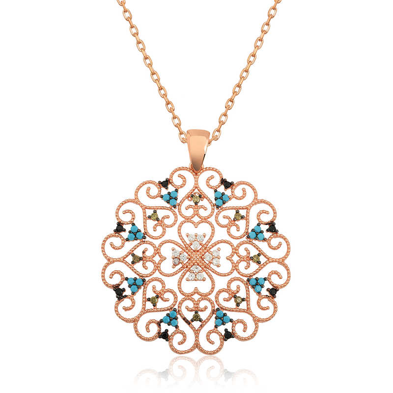 Silver Rose Ethnic Patterned Medallion Necklace