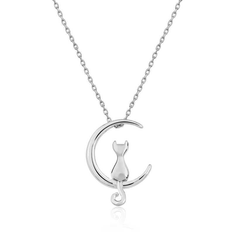 Silver Crescent Cat Necklace