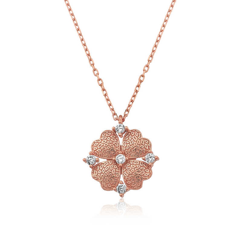 Silver Rose Heart Leaf Flower Necklace