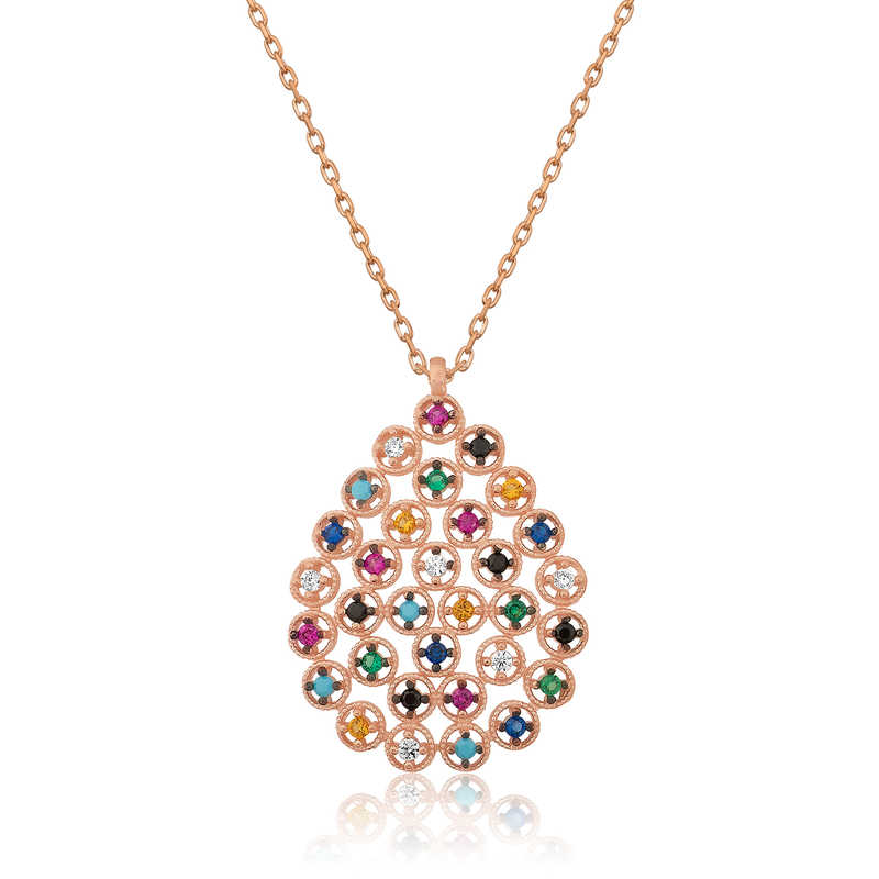 Silver Rose Colored Stone Drop Necklace