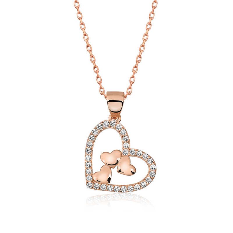 Silver Rose Heart Three Hearts Necklace