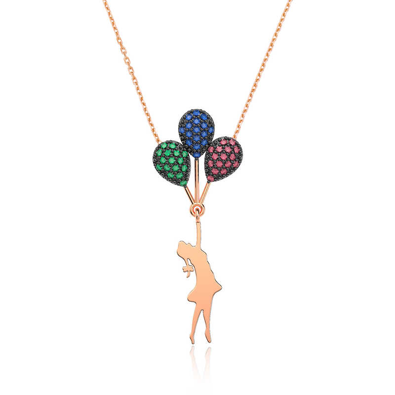 Silver Rose Colored Balloon Girl Necklace