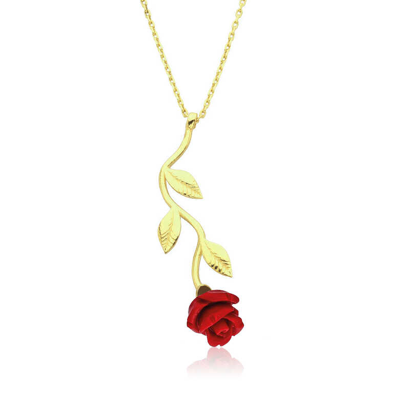 Silver Gold Red Rose Necklace