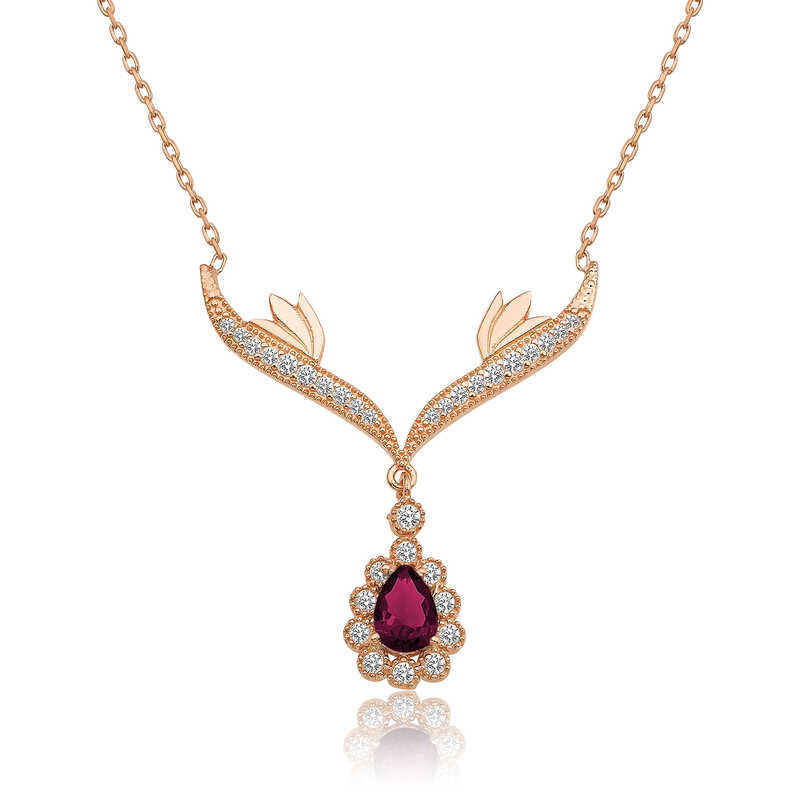 Silver Rose Red Stone Medallion Women’s Necklace