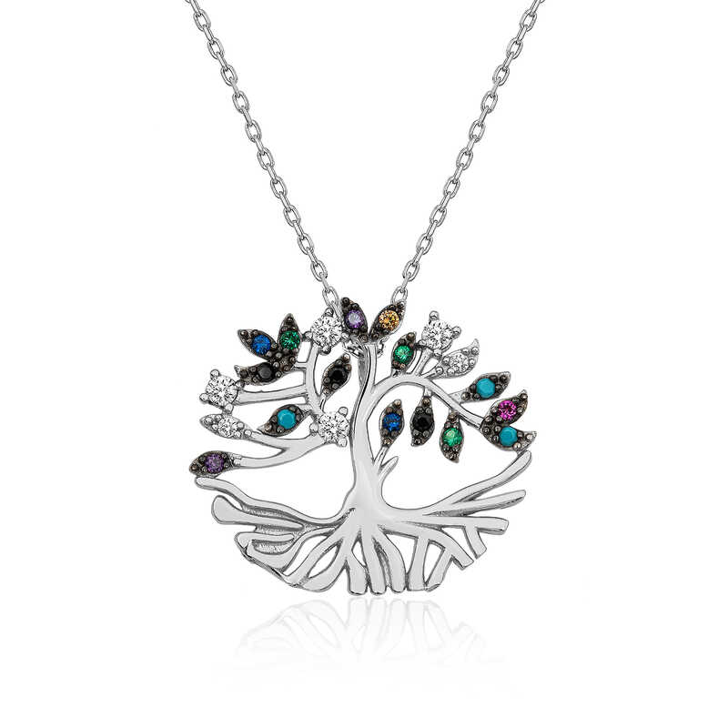 Silver Mix Stone Tuba Tree Necklace