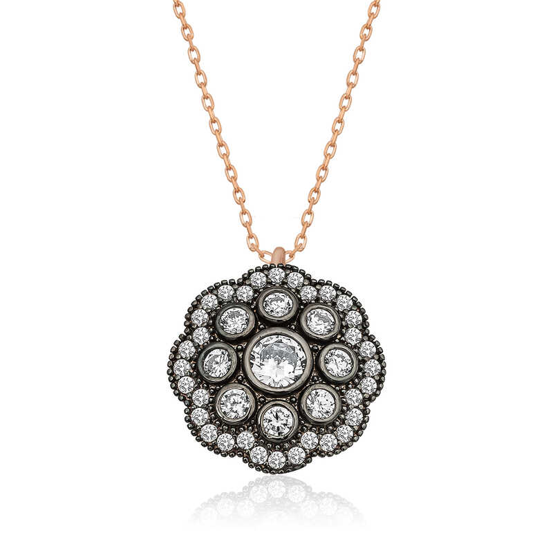 Silver Flower Patterned Diamond Mounted Necklace