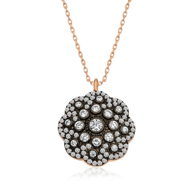 Silver Flower Patterned Diamond Mounted Necklace