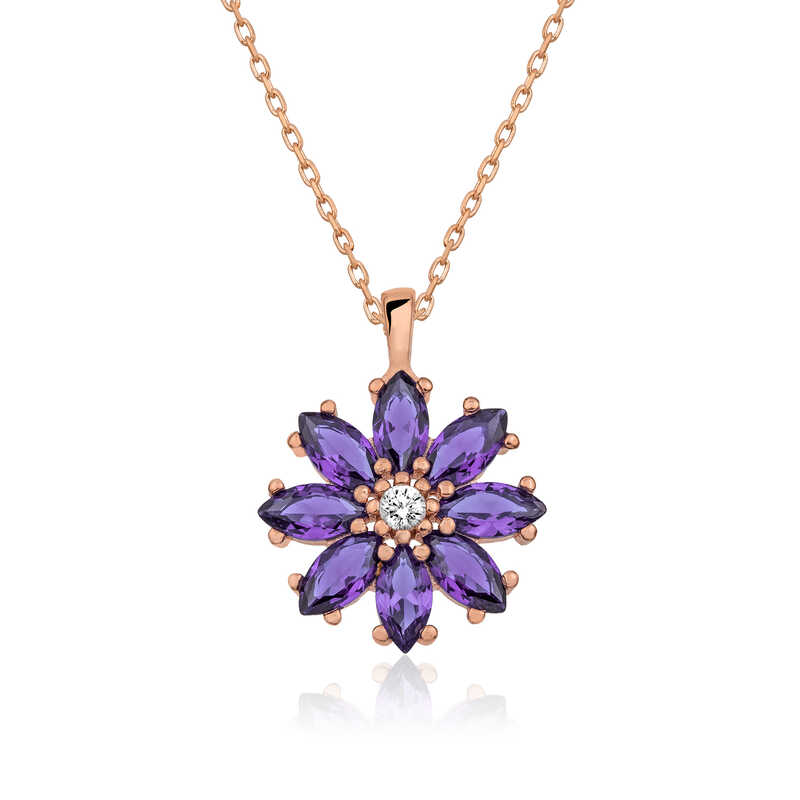 Silver Rose Purple Flower Necklace