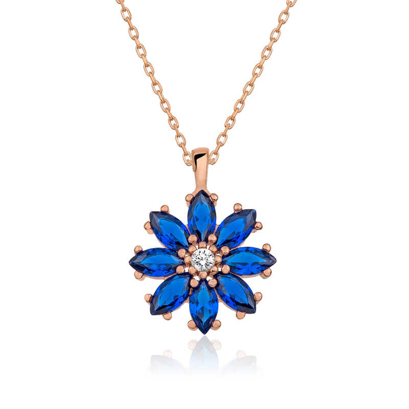 Silver Rose Navy Blue Flower Necklace
