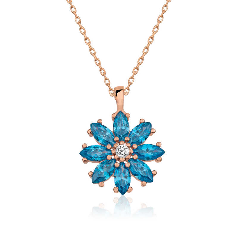 Silver Rose Blue Flower Necklace